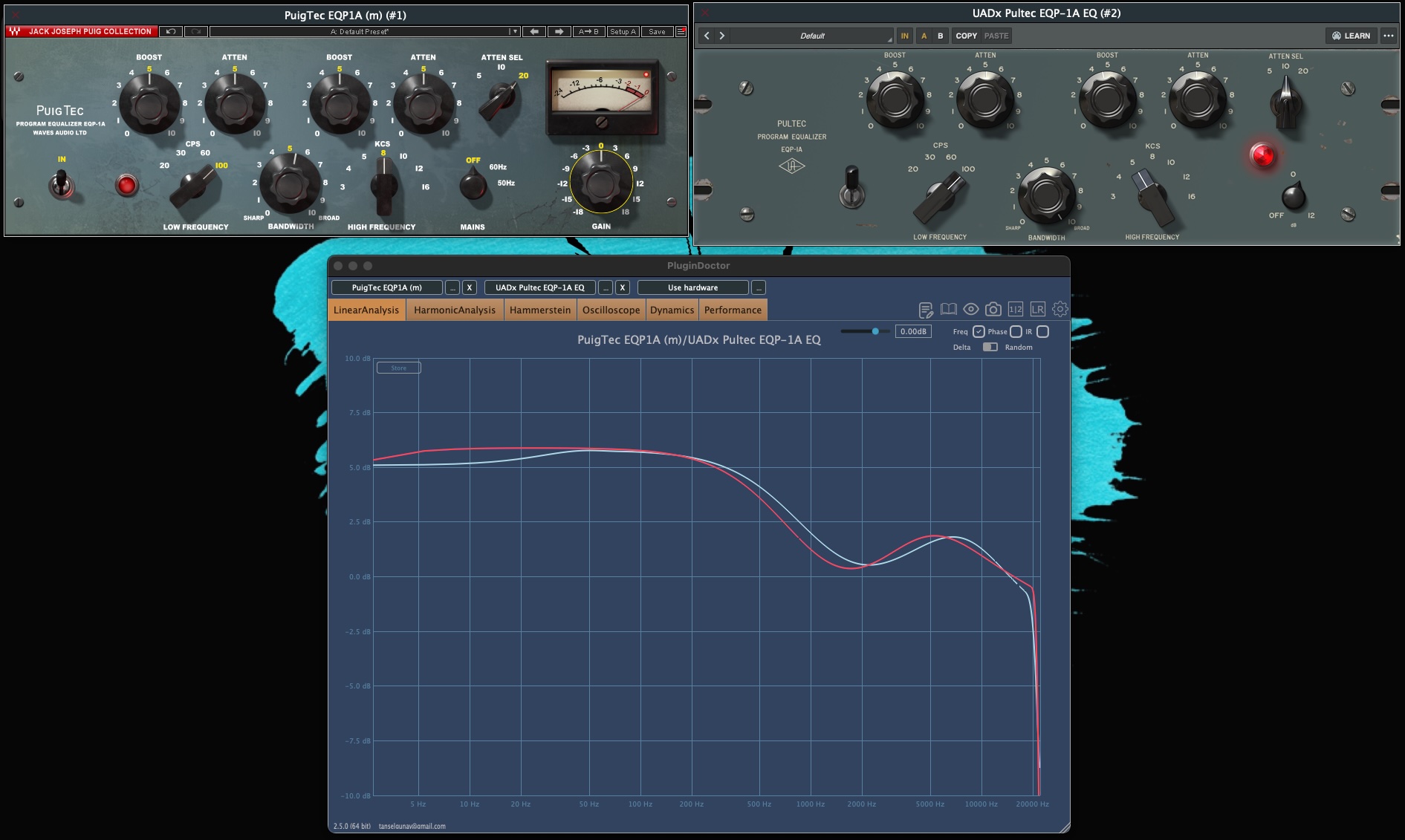 Plugin Doctor comparison: UADx Pultec EQP-1A (red) and Waves PuigTec EQP1A (white) frequency curves